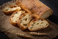 Italian traditional ciabatta bread with sliced Ã¢â¬â¹Ã¢â¬â¹pieces and ears of wheat lie on a jute napkin on a table Royalty Free Stock Photo